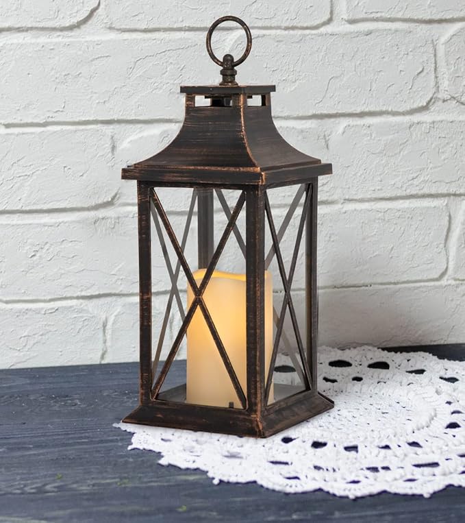 YAKii 14" Decorative Candle Lantern LED Flameless Candle Timer, Plastic LED Candle & Holder, Indoor & Outdoor Hanging Lights,Christmas Day Decoration (Antique Copper Brushed 2 PCS)
