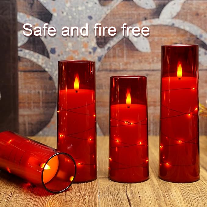 Flameless Candles with Embedded Star String, Battery Operated LED Pillar Candles with Timer and Remote Control,Home Decorating for Ambiance， Set of 7 (Red)