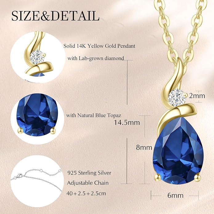 FANCIME 14K Solid Yellow Gold Birthstone Pendant Necklace for Women with Diamond Pear Shaped Teardrop Necklace Birthday Gifts for Mom Women Sterling Silver Chain 16" + 2" Extender