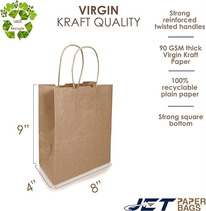 JET PAPER BAGS - 8”x4”x9” Inch [100 Pcs] Brown Paper Bags with Handles Prime for Takeout, Grocery, Goody, Retail, Party, Gifts, Weddings - Recyclable Kraft Paper Gift Bags with Handles