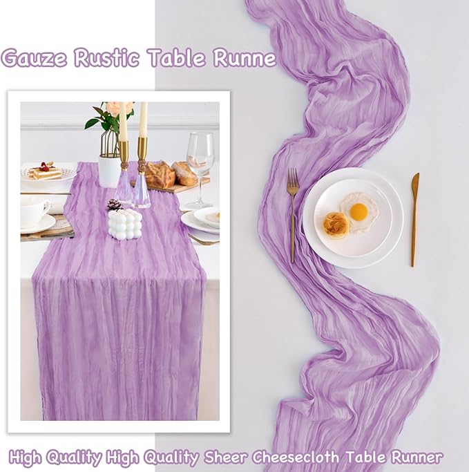 10 Pack Lavender Table Runner 120 Inch Cheesecloth Table Runner 10FT Boho Gauze Table Runner Long Cheese Cloth Table Runner Semi Sheer Runners for Wedding Bridal Baby Shower Party