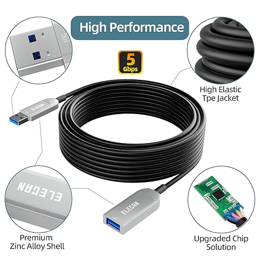 Elecan Active Optical USB 3.0 Extension Cable 75 FT Fiber Optic Type A Male to Female USB Extension Cord USB Extender 5Gbps Data Transfer for Webcam,Gamera, USB Hub, Keyboard, Hard Drive, Printer