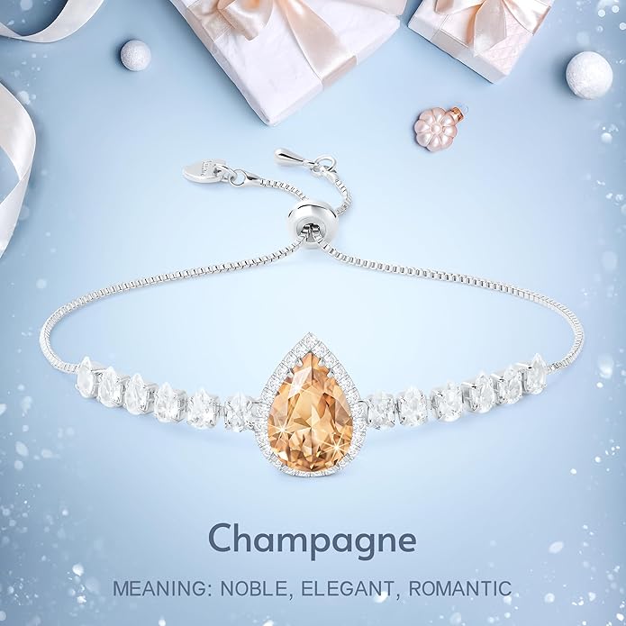 Linawe Crystal Imitation Diamond Rhinestone Charm Bracelets for Women, Gold/Silver/Rose Gold Adjustable Chain Bracelet, Teardrop Birthstone Cubic Zirconia Prom Costume Wedding Jewelry