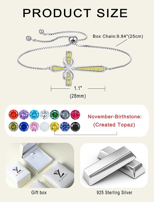 YL Cross Bracelet 925 Sterling Silver Infinity Sideways Link Bracelet Birthstone Jewelry for Women
