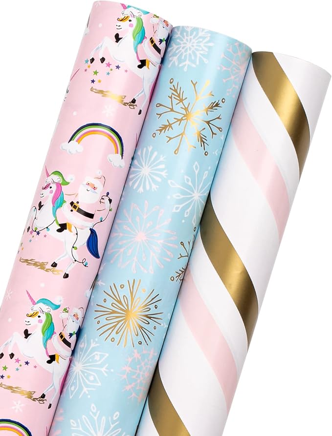 MAYPLUSS Pink Christmas Wrapping Paper Roll - Mini Roll - 17in X 120in Per roll - 3 Different Pink & Blue Design,Foil Strip/Snowflakes/Unicorn,for Xmas,New Year,Girl Christmas Gift Wrap (42.5sq.ft)
