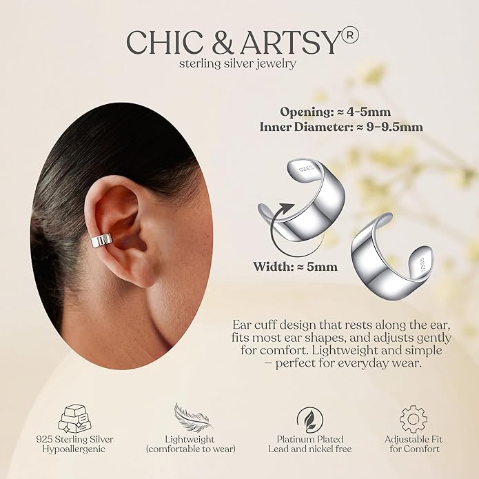 CHIC & ARTSY 925 Sterling Silver Ear Cuffs for Women, Non Piercing Clip On Cartilage Cuffs, Adjustable Fake Conch & Helix Earrings, Gold Plated & Oxidized Various Styles