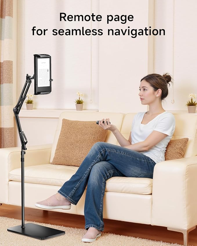 Floor Stand for Kindle with Remote Page Turner, Holder Stand for Reading in Bed with Clicker – for Kindle Paperwhite, Oasis,Tablet, iPhone and More 4.7-11 inch, Black Remote