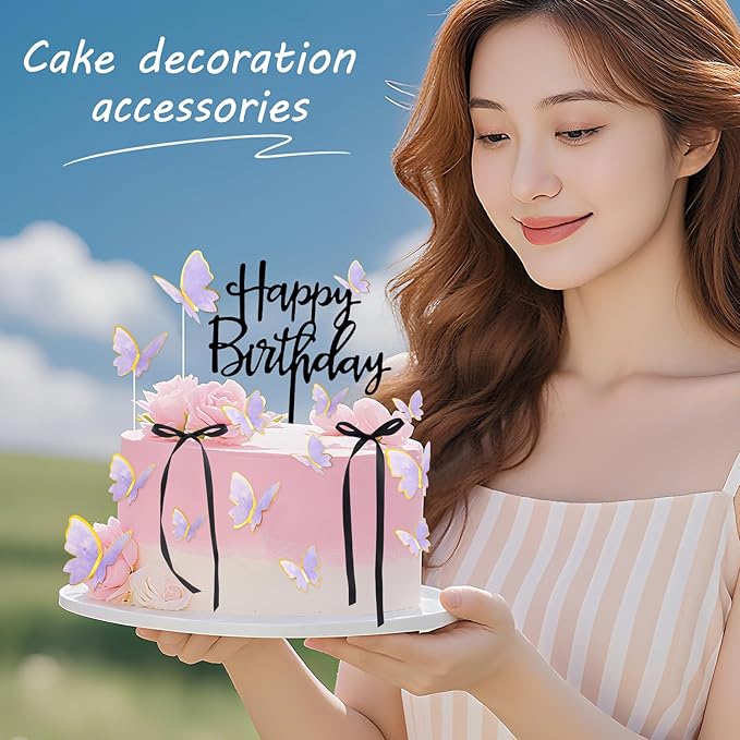 17PCS Happy Birthday Cake Toppers 3D Butterfly Cupcake Topper Pink Purple Gold Bow Cake Topper Birthday Party Decoration for Your Family and Friends