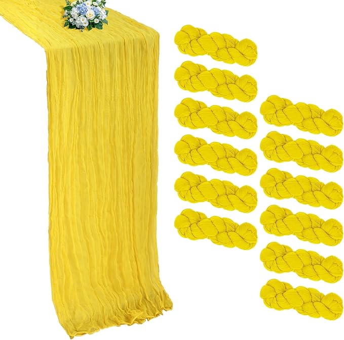 12 Pack Yellow Cheesecloth Table Runner 10FT Boho Cheese Cloths Gauze Fabric Table Runners 120 Inch Rustic Sheer for Wedding Birthday Party Baby Shower Centerpiece Home Decorations