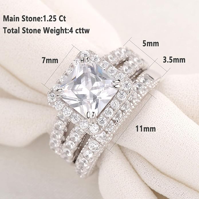 Wuziwen Princess Cut Engagement Rings for Women Sterling Silver Cubic Zirconia Wedding Bridal Ring Set