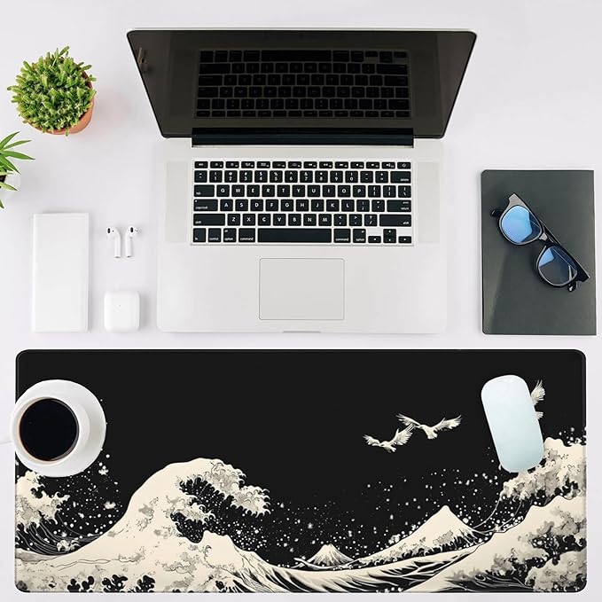Mouse Pad Large White Wave Non-Slip Gaming Desk Mat with Stitched Edge Laptop Keyboard Desk Pad for Work Home Gaming (35.4 x 15.7 Inches)