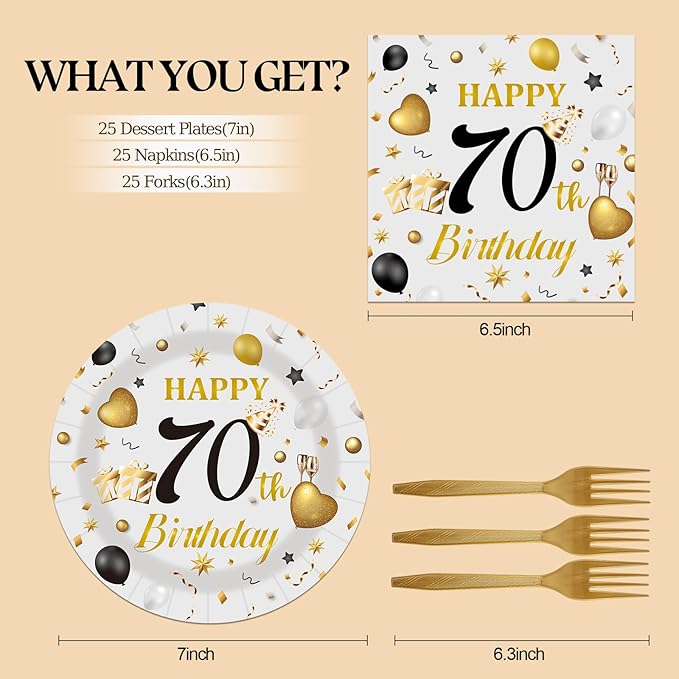 75PCS 70th Birthday Plates and Napkins Party Decorations, 7 Inch Premium Grey and Gold Happy Birthday Paper Plates and Napkins Disposable Tableware Set 70 Year Old Birthday's Party Decor for Women Men