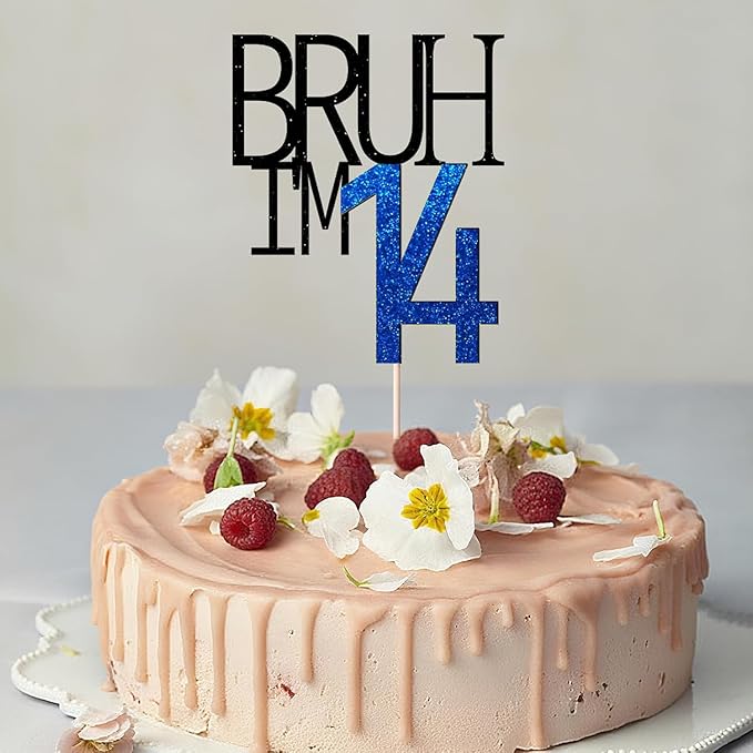 Bruh I'm 14 Cake Topper - Bro I'm 14, Happy Sweet 14 Ornament for Boys' 14th Birthday Party Supplies (blue 14)