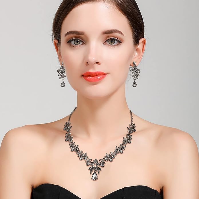 BriLove Women's Wedding Jewelery Set Leaf Flower Crystal Teardrop Marquise Cluster Pendant Necklace Dangle Earrings for Bridal Party