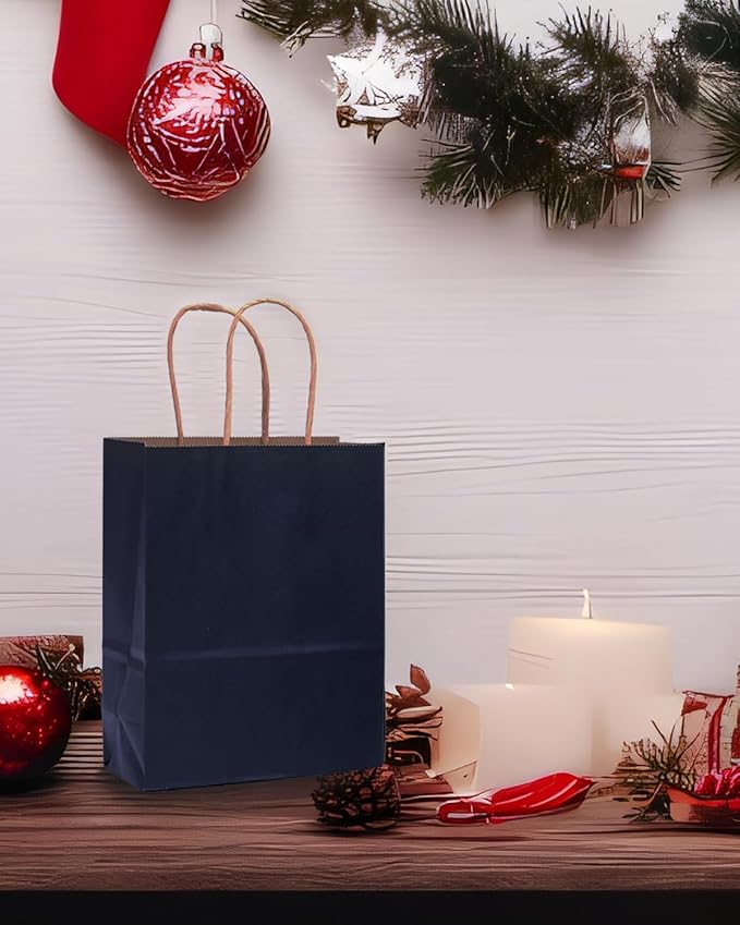 qiqee Large Kraft Paper Bags with Handles 13"x10"x5" 32 pcs Gift Paper Bag Navy Blue Solid Color Bags（Large Size）