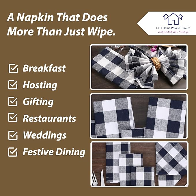 LFH Home 100% Cotton Cloth Reusable Dinner Napkins Set of 12 Washable Soft Decorative Buffalo Plaid Gingham and Checkered Table Napkins for Holidays Wedding Farmhouse Decor 18x18 Inch-Navy Blue&White