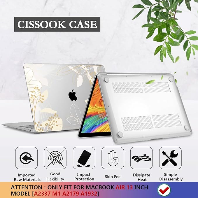 CISSOOK for MacBook Air 13 inch Case 2021 2020 2019 2018 Release Model A2337 A2179 A1932 with Retina Display +Touch ID, Plastic Hard Shell Case + Keyboard Cover for MacBook Air 13 M1, Golden Flowers