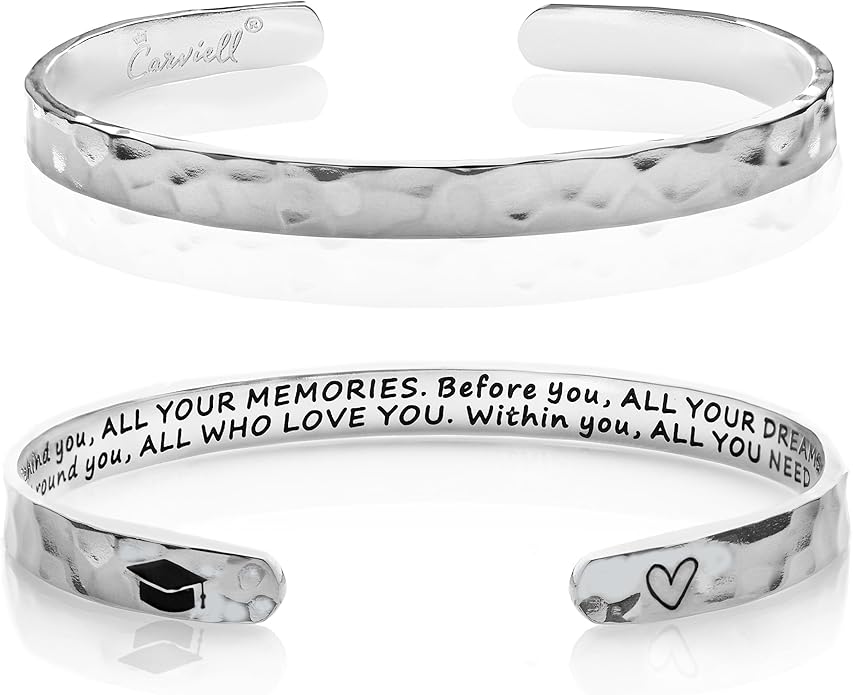 Carviell Engraved Cuff Bracelets for Women – Inspirational, Friendship, Love, Mom, Daughter, Sister, Christian, Graduation, Memorial & Wedding Gifts – 80+ Phrases – Stainless Steel, Gift-Ready