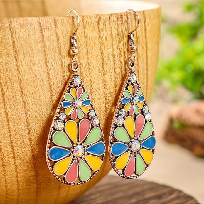 Colorful Green Teardrop Earrings for Women - Bohemian Style Enamel Dangle Earrings Lightweight Fashion Jewelry for Daily/Wedding/Party