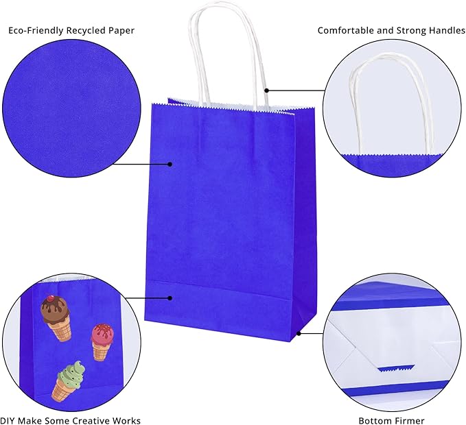 100 Pack 5.9x3.15x8.26 inch Small Gift Bags, Kraft Blue Bags with Handles Bulk for Birthday Party Favors,Gift Paper Bags,Retail Shopping Business Goody Craft Gift Bags