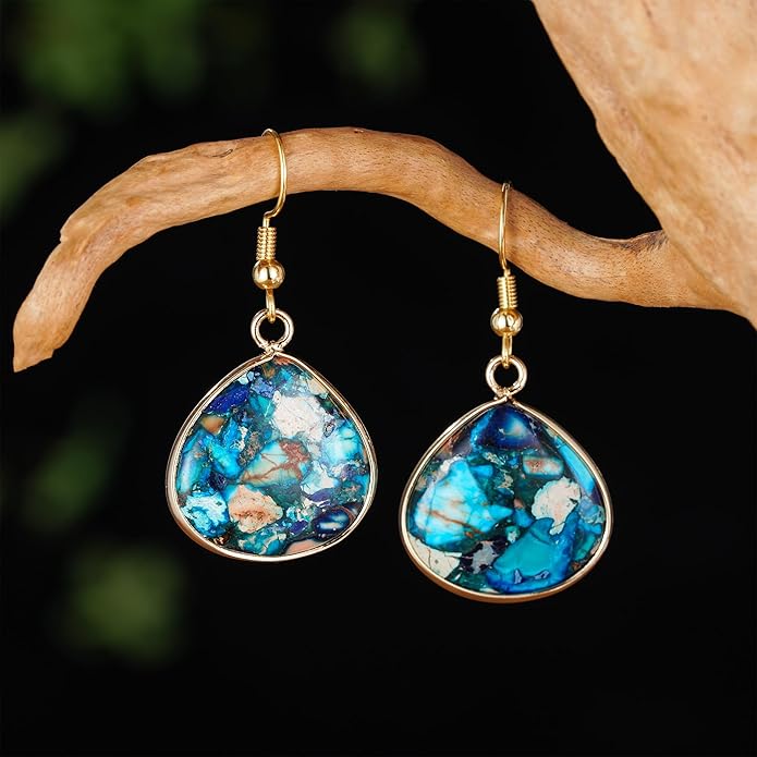 Boho Women Natural Stone Earrings Unique Healing Imperial Jasper Gemstone Energy Hypoallergenic Lightweight Dangle Drop Earrings Multiple Styles Earrings Jewelry for Birthday Party Gift