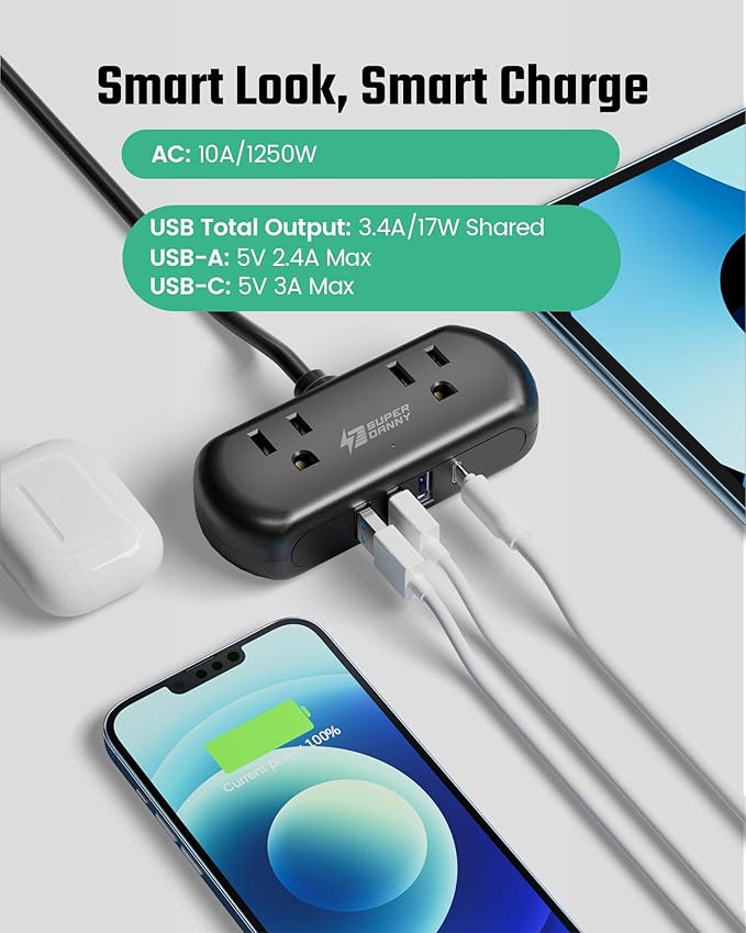 Power Strip with USB, SUPERDANNY Mini Surge Protector with 2 Wide-Spaced Outlets, 3 USB-A 1 USB-C, 5 Ft Extension Cord, Flat Plug, Compact Size Desktop Charging Station Travel, Home, Office, Black