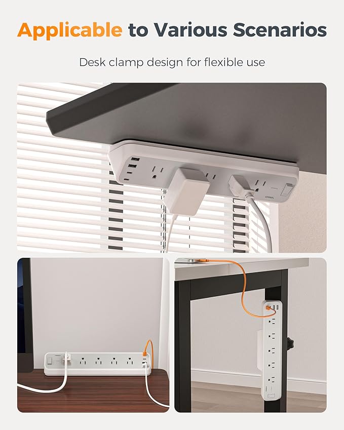 Desk Clamp Power Strip 10 Ft, TESSAN 2100J Surge Protector Desk Charging Station, 5 Outlets with 4 USB Ports (2 USB C), Flat Plug Extension Cord with Multiple Outlets for Gaming Home Office Dorm Room
