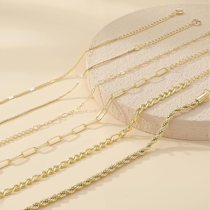 Emibele Gold Bracelets for Women, Dainty Adjustable 14K Gold Plated Bracelet Stack, Elegant Beaded Link Chain Bracelet Sets, Jewelry Gifts for Women