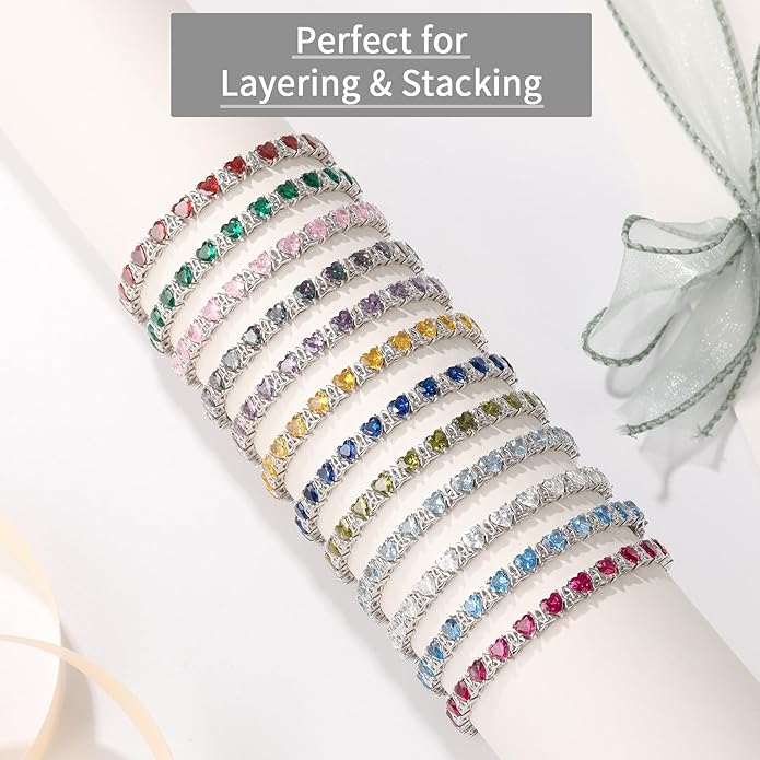 Birthstone Tennis Bracelets for Women, 925 Sterling Silver Heart Shaped Celtic Trinity Knot, 7 Inch Charm Trendy Hypoallergenic Anniversary Birthday Gifts for Her