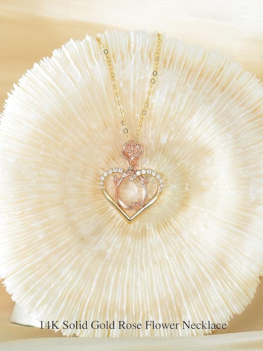 14K Solid Gold Rose Flower/Sunflower Necklaces for Women Flower Heart Pendant Necklace Love Sunshine Jewelry Anniversary Valentine's Day Birthday GiftS for Women Wife Girlfriend Her Mom