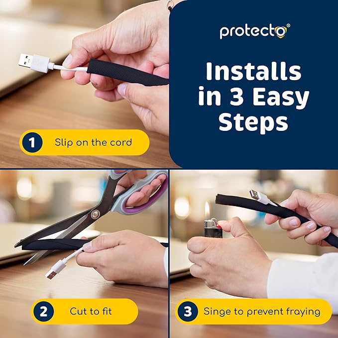 PROTECTO Heavy Duty Dog & Cat Cord Protector 10ft - Easy-to-Use Critter Cord Cover for Pet - Clear Odorless Black Color - No Chew Solution for Power, Audio & Video Wire - Tubing