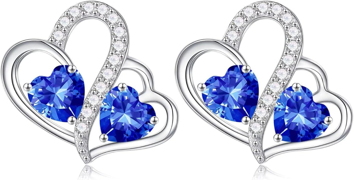 Iefil Valentines Day Gifts for Her - Birthstone Earrings Gift for Women, 925 Sterling Silver Double Heart Birthstone Earrings | Anniversary Birthday Gifts for Women, Personalized Jewelry for Wife Mom