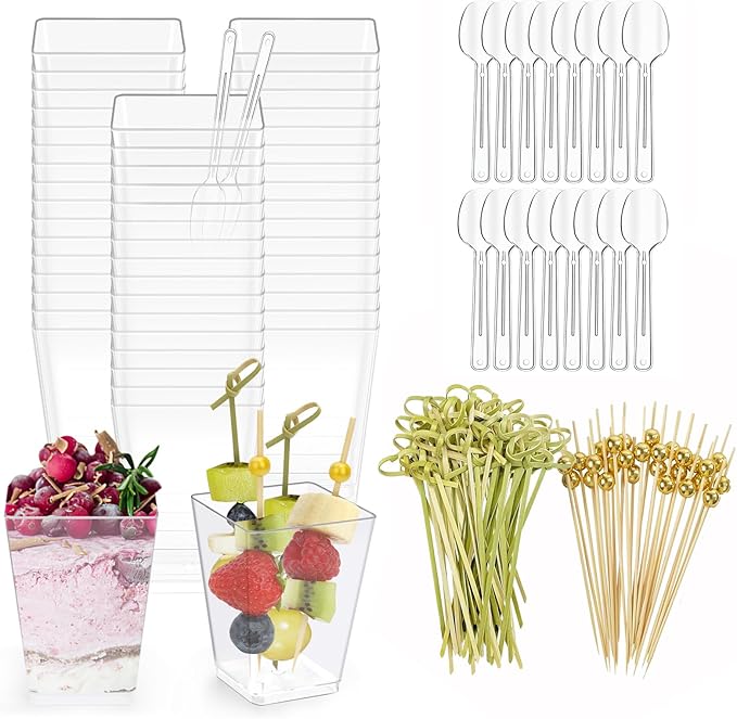 50 Pcs 5 oz Plastic Appetizer Charcuterie Cups with 200 sticks, Clear Dessert Cups with 50 Spoons, Disposable Fruit Parfait Salad Cup for Party