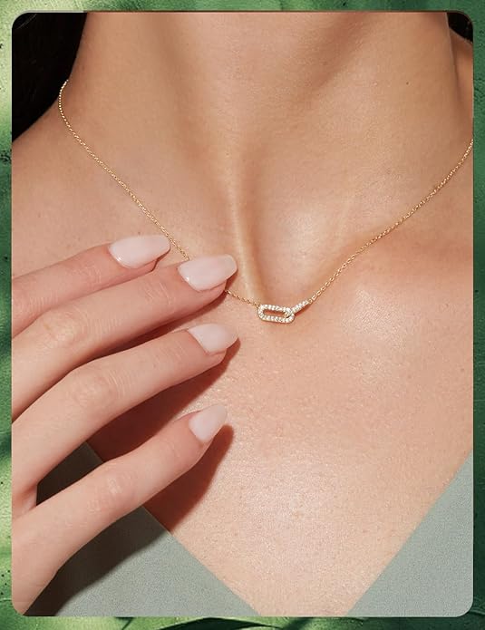 14K Gold & Sterling Silver Plated Pendant Necklaces for Women - Dainty CZ Paperclip Choker, Simple Oval Interlock Necklace, Trendy Cute Jewelry