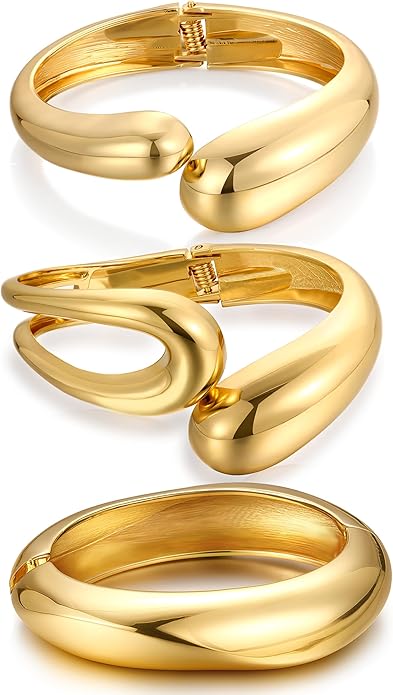 Chunky Gold Bangle Bracelets for Women, Dainty 14k Gold Plated Big Stackable Bangles Set, Trendy Statement Cuff Bracelet Stack Fashion Jewelry Christmas Gifts