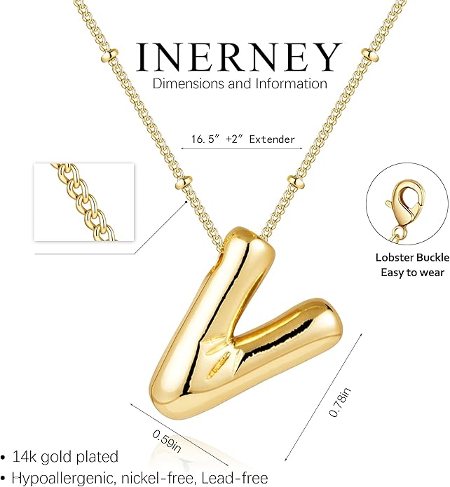 Inerney Valentines Day Gifts Gold Bubble Letter Necklace Initial Necklaces for Women, Chunky 14K Plated Balloon Initials, Trendy Charm Non Tarnish Custom Name Pendant Jewelry Gifts for Mom
