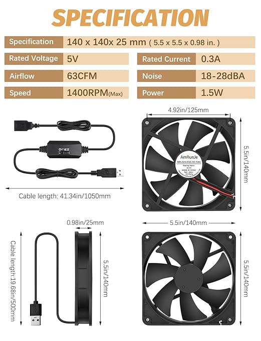 140mm x 25mm USB Computer Fan with 3 Speed Degree 5v PC Cooling Fan for DVR Receiver PlayStation Xbox AV Cabinet