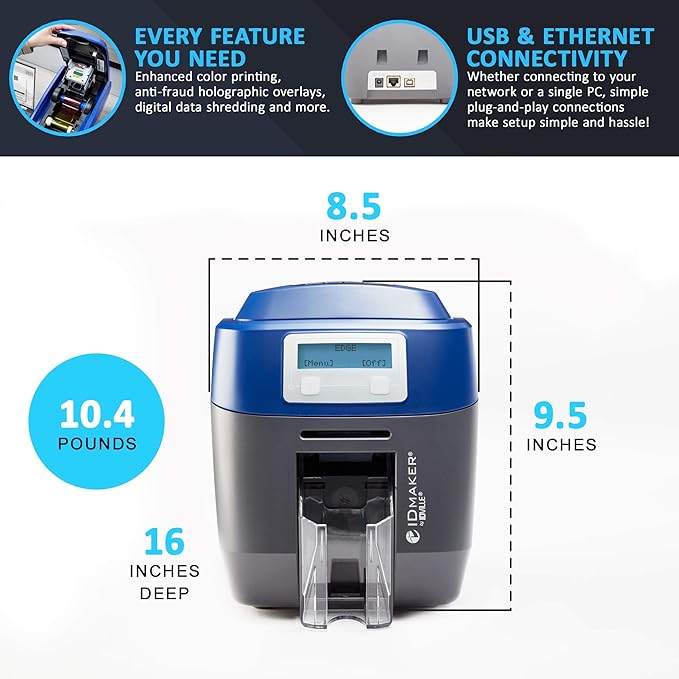 ID Maker Edge 2 Sided Card Printer & Supply Kit for Badge Printing - Print Professional Quality Identification Cards, Easy Software - Magnetic Stripe Encoder, 200-Print Color, 100 PVC Cards