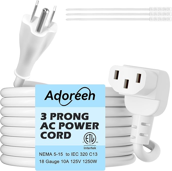 Adoreen 10 Ft Computer TV Replacement Power Cord White, 90 Degree Angled L-Shaped 18AWG 3-Prong AC Universal Power Supply Cable NEMA 5-15P to IEC 320 C13 for Printer, PC, Monitor TV LCD, ETL+Ties