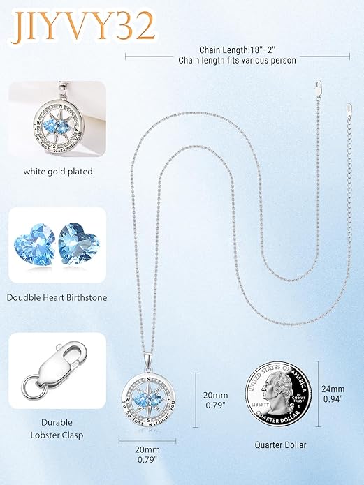 Compass Necklace for Women, Exquisite S925 Valentines Day Anniversary Birthday Gifts for Wife Her Double Birthstone Pendant Jewelry ‘I'd be Lost Without You’