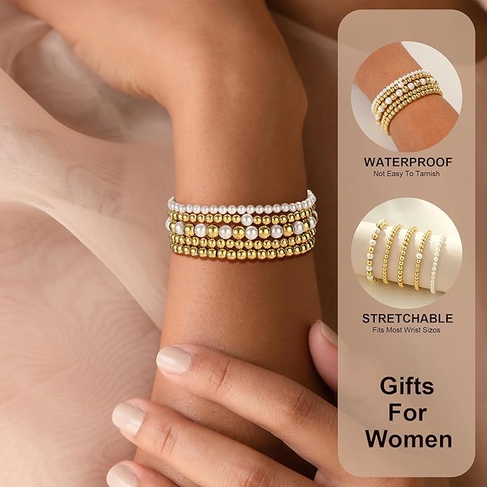 Gold Bead Bracelets for Women Girls - 14K Gold Plated Dainty Round Bead Ball Pearl Cross Bracelet Stack for Women Teenage Girls Stackable Jewelry Christmas Gifts