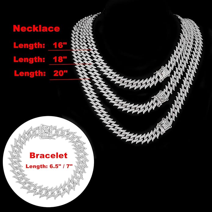 HH BLING EMPIRE 14k Gold/Silver Cuban Link Chain for Women Iced Out Diamond Chunky Cuban Link Necklace Chain Bracelet 2pcs Sets