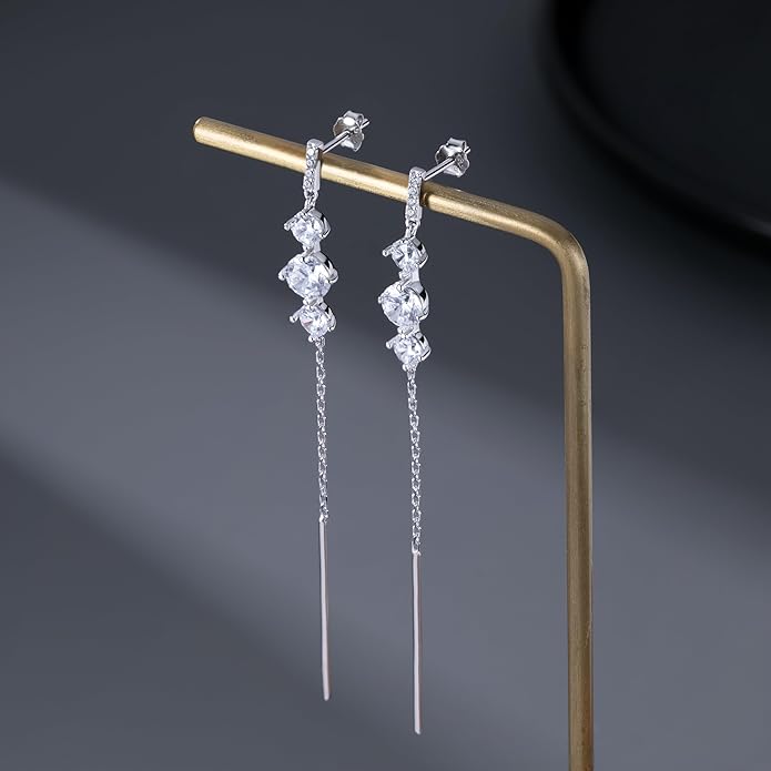 SLUYNZ 925 Sterling Silver CZ Dangle Earrings Chain for Women Teens Long Dangle Earrings Tassel with Snake Chain Backs
