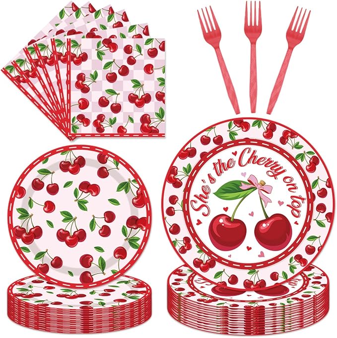 96 Pcs Cherry Birthday Decoration Disposable Tableware Set - She's the Cherry On Top Paper Plates Napkins Forks Fruit Cherry Theme Birthday Baby Shower Party Supplies for Serve 24 Guests