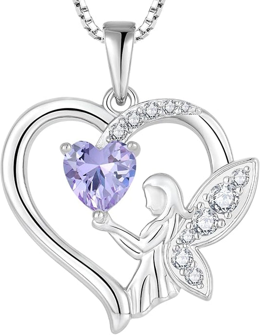 Guardian Angel Necklace 925 Sterling Silver Heart Angel Wings Pendant Birthstone Jewelry for Women