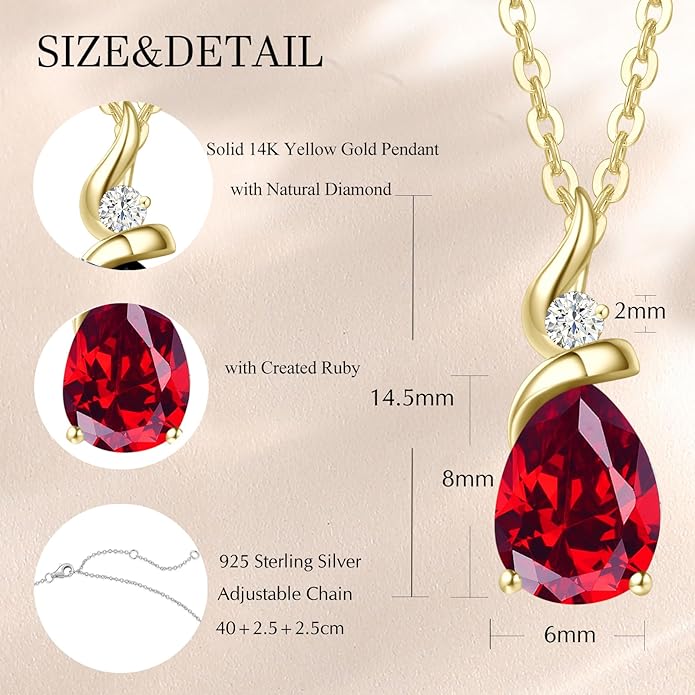 FANCIME 14K Solid Yellow Gold Birthstone Pendant Necklace for Women with Diamond Pear Shaped Teardrop Necklace Birthday Gifts for Mom Women Sterling Silver Chain 16" + 2" Extender