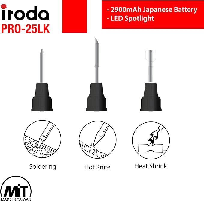 Iroda SolderPro 25LK Battery Soldering Iron Kit, Pro Grade 30W Type C USB Rechargeable Soldering Iron | 3200mAh Japanese Battery | LED Spotlight, With 3 Tips & Case