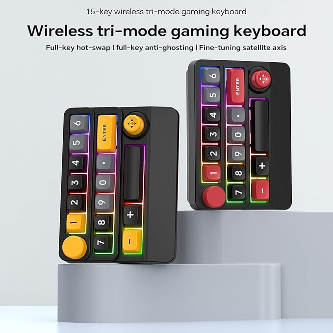 Adventurers W909 Wireless RGB Mechanical Numeric Keypad, Hot-Swappable, Macro-Programmable Numpad, Joystick & Knob Control for PC/Tablet/Laptop/Phone, Tri-Mode Connectivity (Yellow on Black)