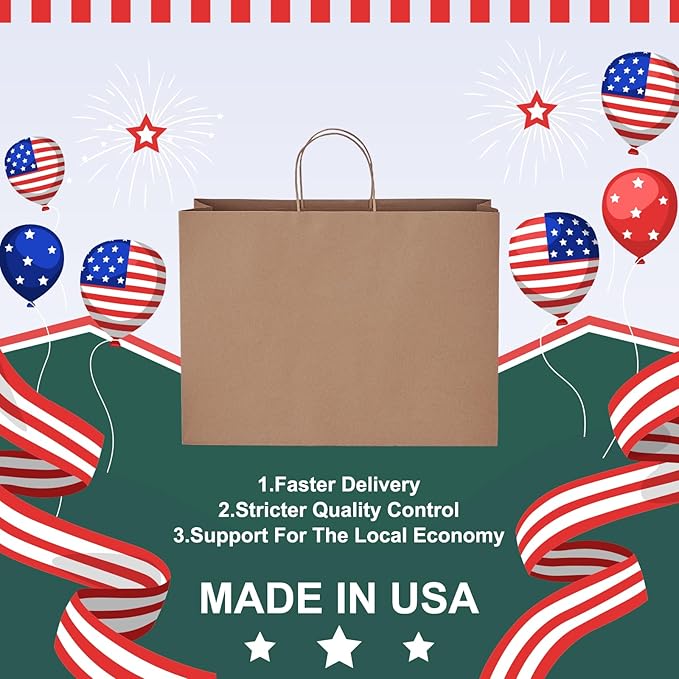 METRONIC Gift Bags with Handles,16x6x12 Inch Recyclable Brown Paper Bag 50 Pack, Kraft Shopping for Business Grocery (Bulk)