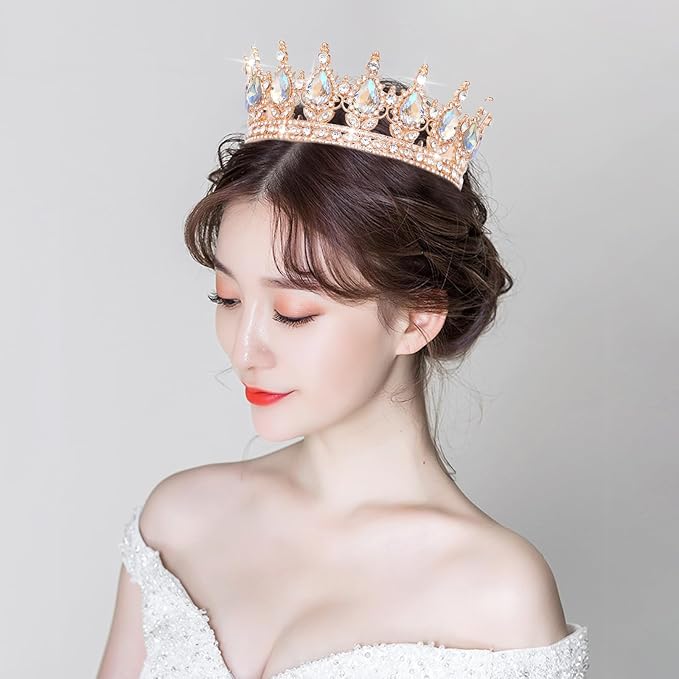 Queen Crown Rhinestone Wedding Crowns and Tiaras for Women Costume Party Hair Accessories Princess Birthday Crown Crystal Bridal Crown (Rose Gold & Moonlight Crown)